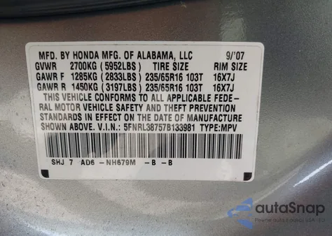 2007 Honda Odyssey Ex-L из США, поврежденный, VIN 5FNRL38757B133981